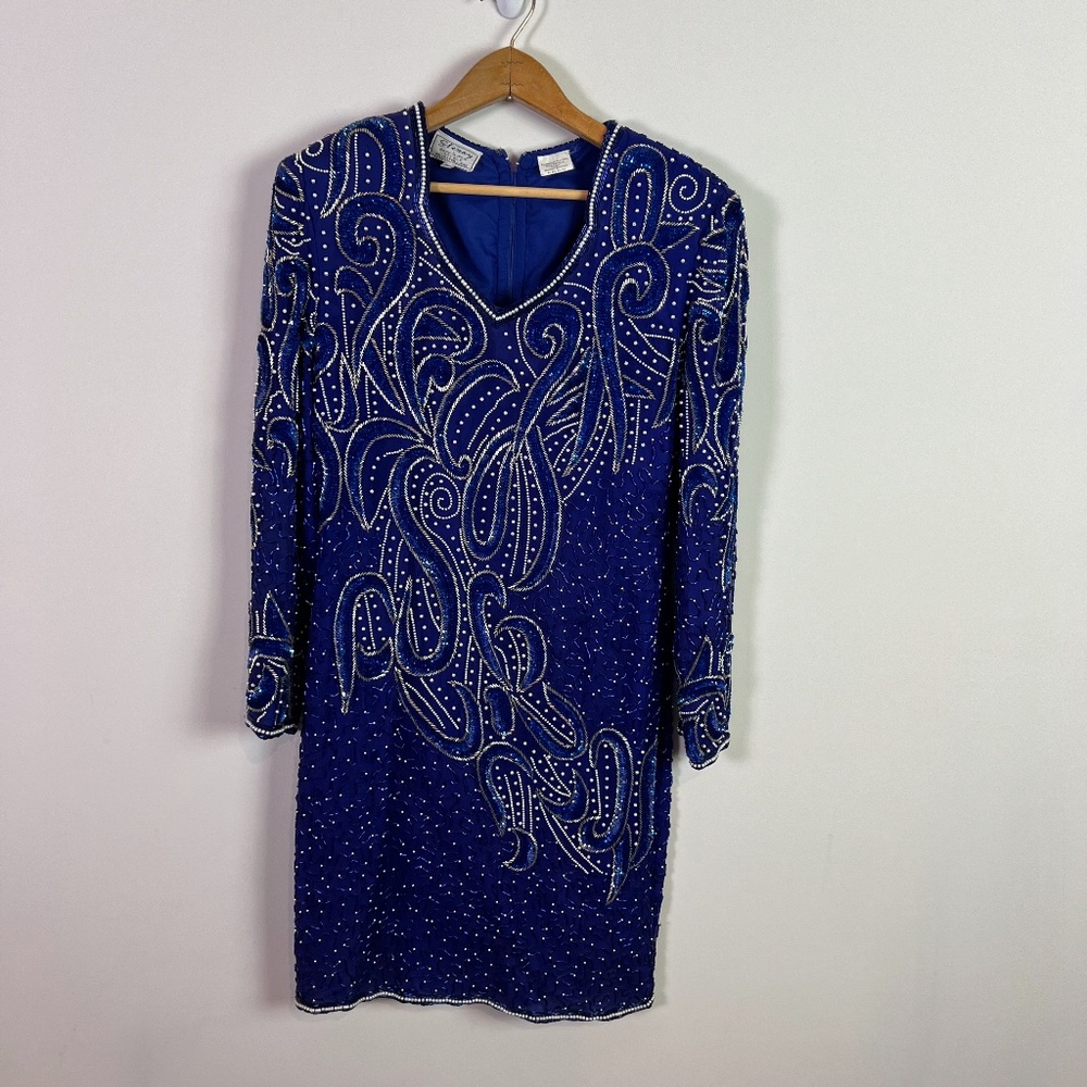 Stenay Blue Silver Beaded Silk Long Sleeve Midi Dress Women Size 8 Petite - Picture 1 of 7